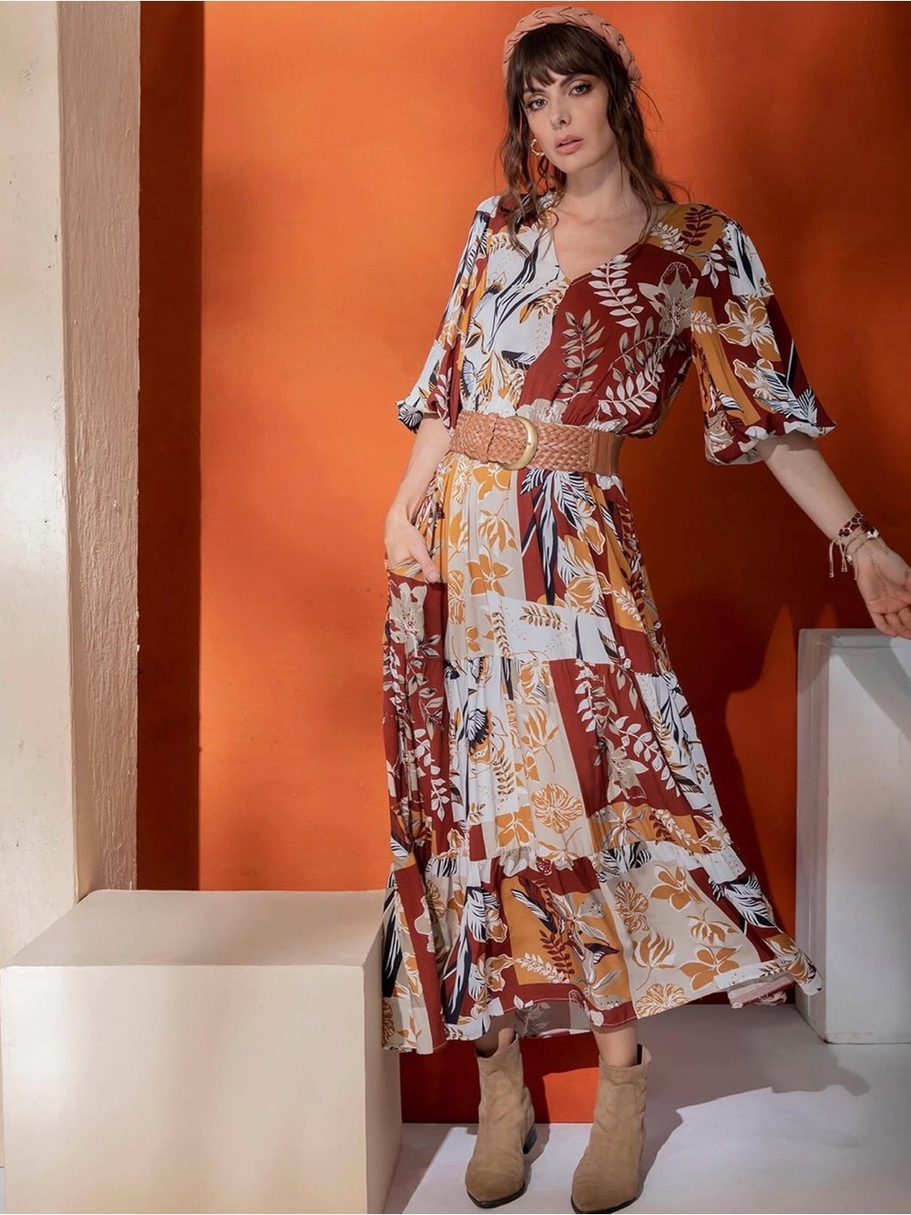 Boho Floral Maxi Dress in Rust & Mustard by SPIRITO
